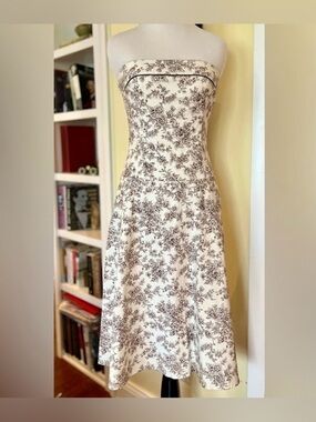 Y2K Dress Strapless Sundress Teeze Me Cream and Brown Floral Toile Print SZ: XS